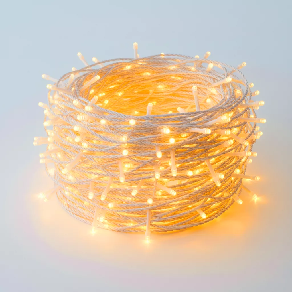 Indoor scenes decorated with warm white LED lights – bedroom, window, restaurant, tram