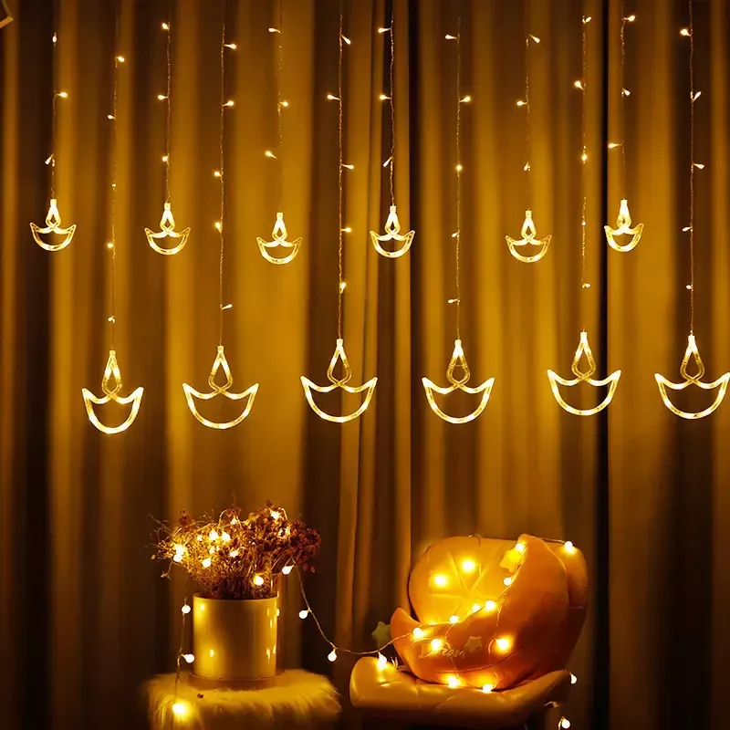 Picture of MODI Diya Curtain LED String Lights – 8 Modes, IP44 Waterproof Warm White Festival Hanging Lights for Home & Outdoor Décor (Diwali Series)
