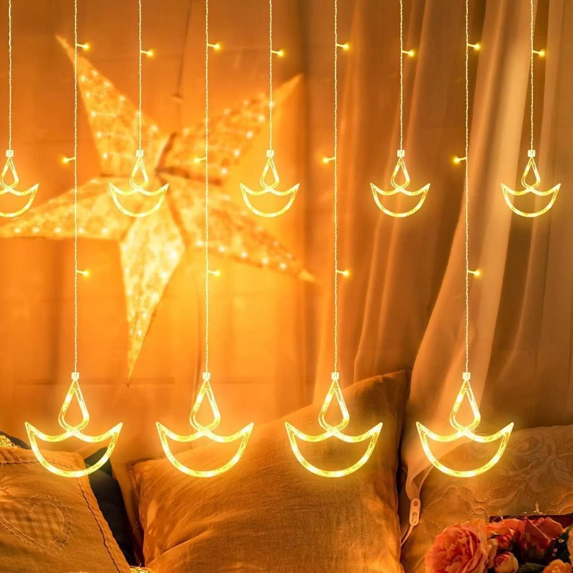 Picture of MODI Diya Curtain LED String Lights – 8 Modes, IP44 Waterproof Warm White Festival Hanging Lights for Home & Outdoor Décor (Diwali Series)