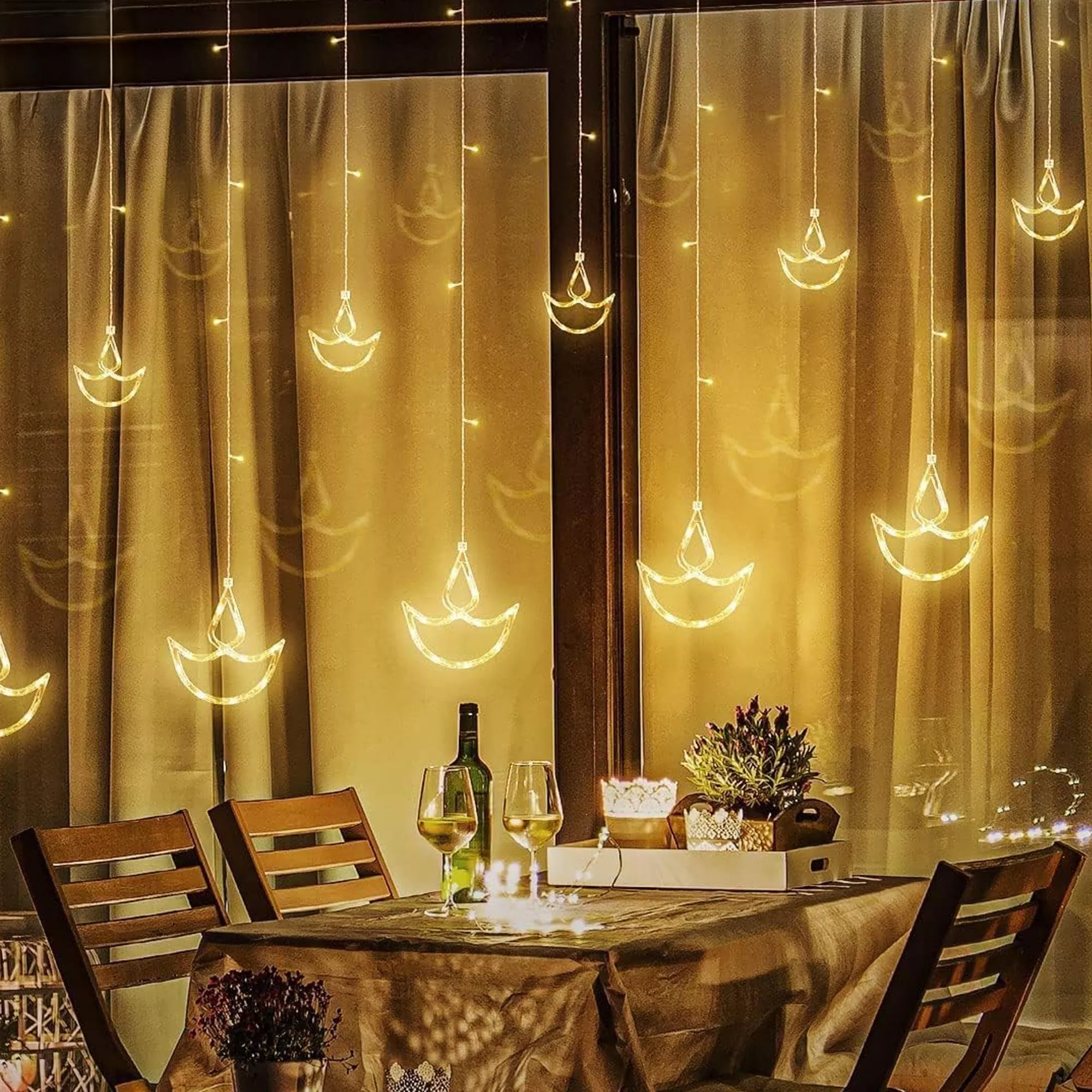 Picture of MODI Diya Curtain LED String Lights – 8 Modes, IP44 Waterproof Warm White Festival Hanging Lights for Home & Outdoor Décor (Diwali Series)