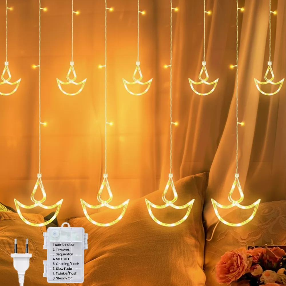 Picture of MODI Diya Curtain LED String Lights – 8 Modes, IP44 Waterproof Warm White Festival Hanging Lights for Home & Outdoor Décor (Diwali Series)