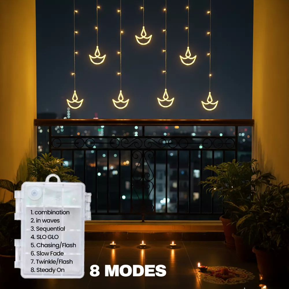 Picture of MODI Diya Curtain LED String Lights – 8 Modes, IP44 Waterproof Warm White Festival Hanging Lights for Home & Outdoor Décor (Diwali Series)