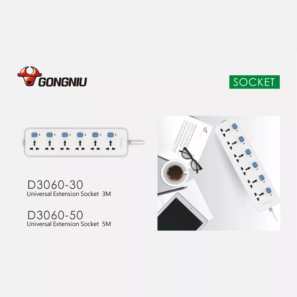 Picture of GONGNIU Universal Extension Socket Power Strip (3M / 5M) – 6-Way Multi Plug Board