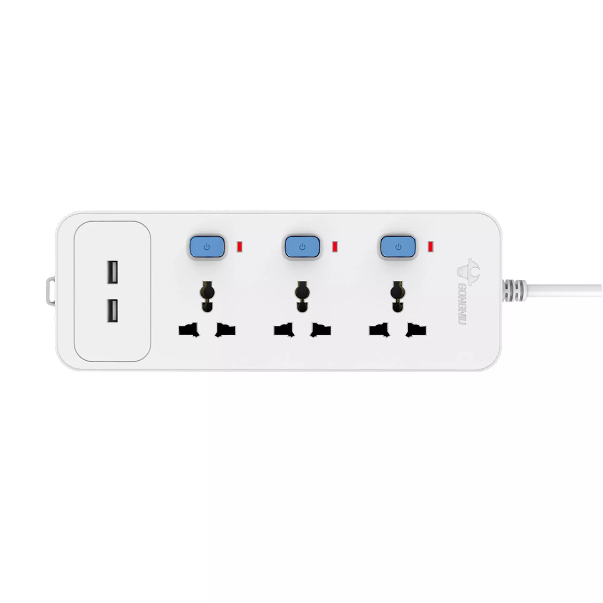 Picture of GONGNIU D303U Universal Extension Socket 3 Outlets + 2 USB Ports with 1.8M  to 3M Wire — Individual Switches, Overload Protection, Fire-Resistant Power Strip