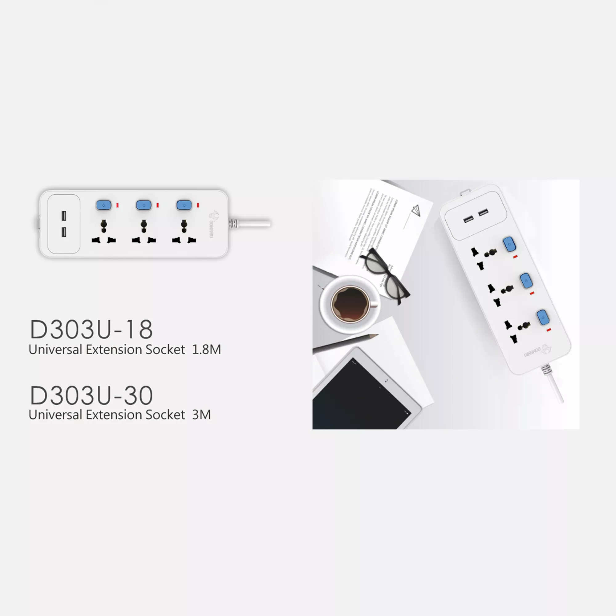 Picture of GONGNIU D303U Universal Extension Socket 3 Outlets + 2 USB Ports with 1.8M  to 3M Wire — Individual Switches, Overload Protection, Fire-Resistant Power Strip