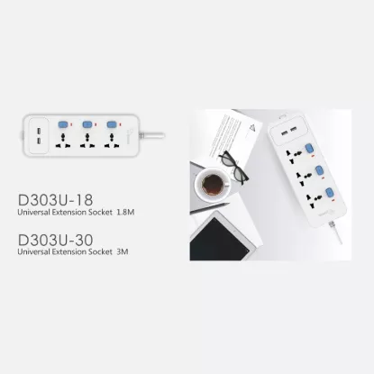 Picture of GONGNIU D303U Universal Extension Socket 3 Outlets + 2 USB Ports with 1.8M  to 3M Wire — Individual Switches, Overload Protection, Fire-Resistant Power Strip