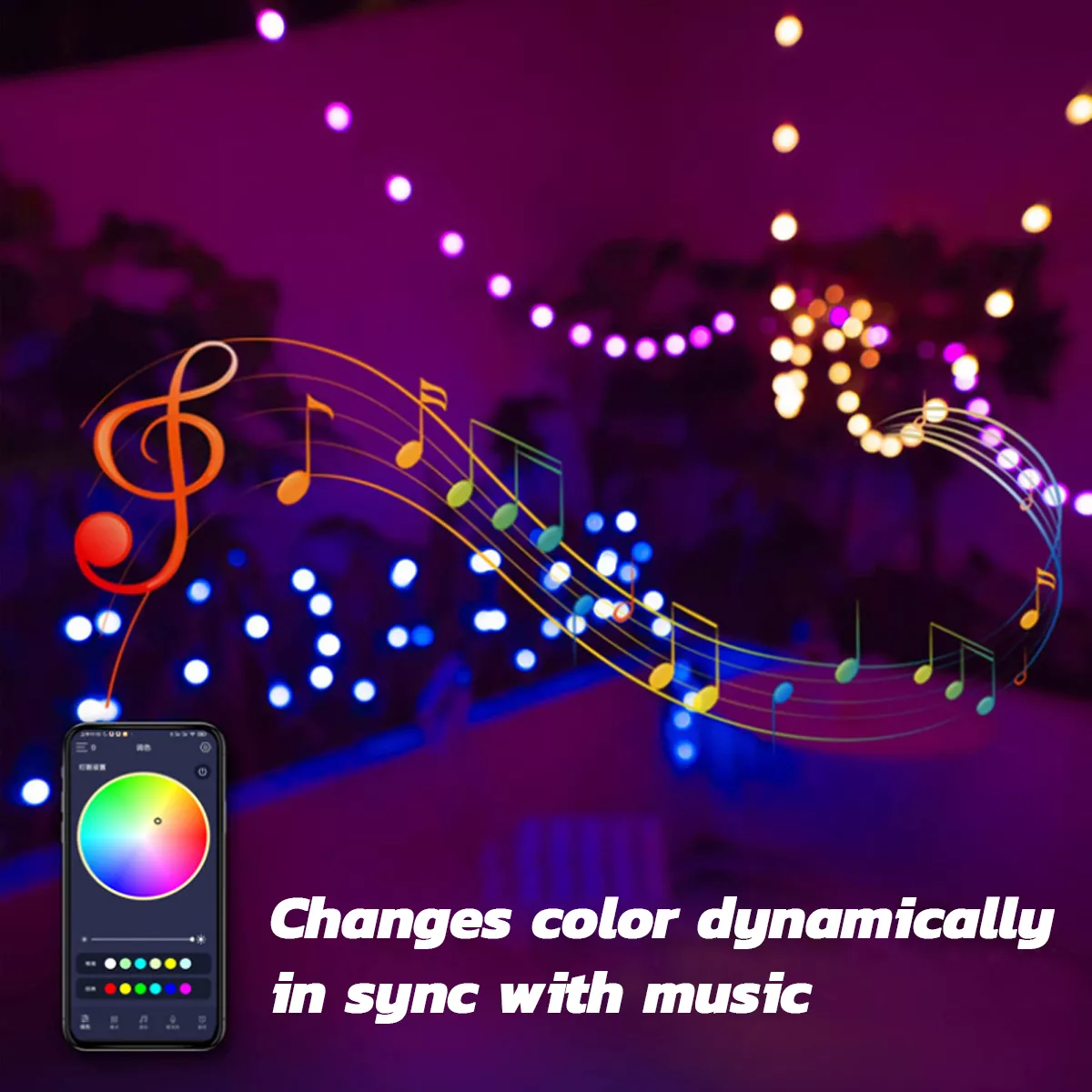 Multicolor RGB LED string lights controlled via app and remote, IP67 water-resistant design