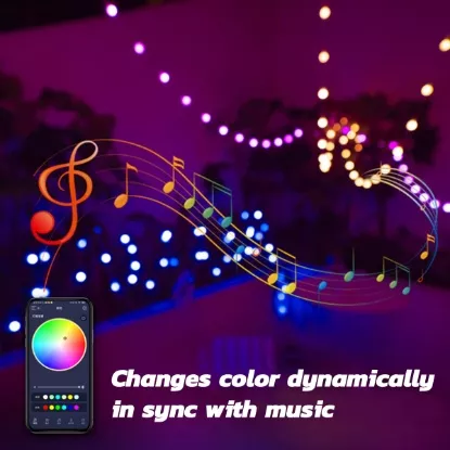 Multicolor RGB LED string lights controlled via app and remote, IP67 water-resistant design