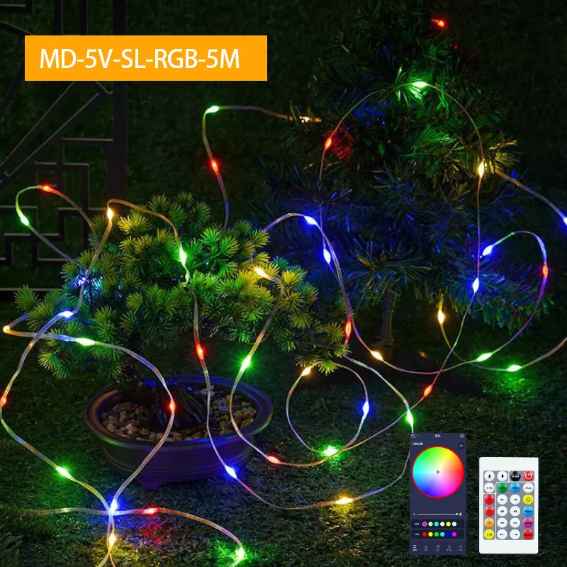 5 meter RGB LED smart light string with mobile app and remote control shown in outdoor setting