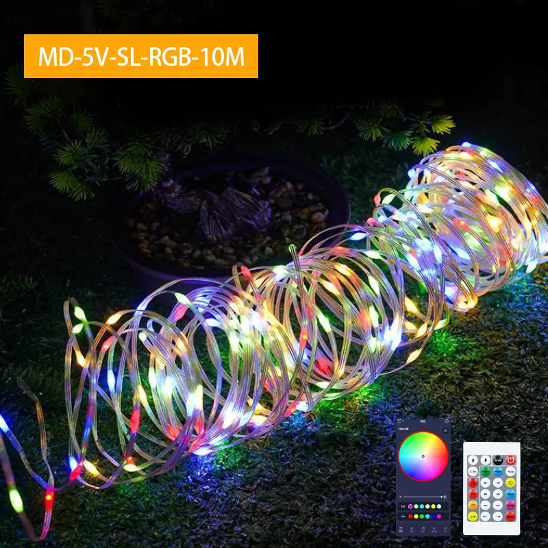 10 meter RGB LED decorative lights coiled on lawn with remote and app control interface
