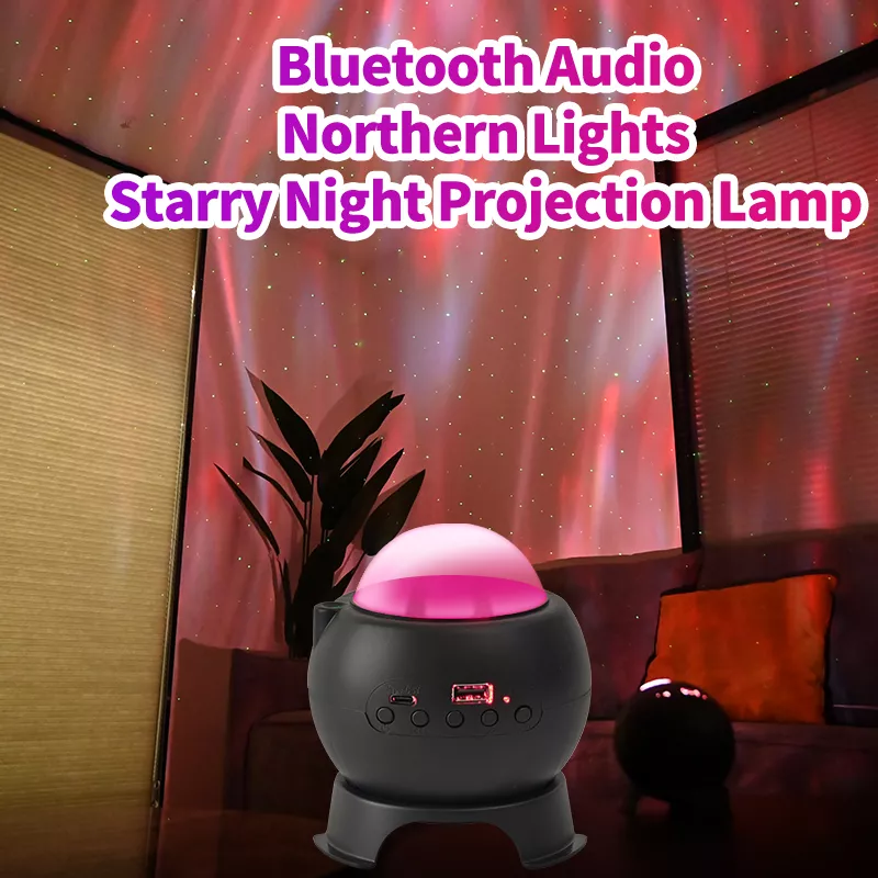 Black projector lamp displaying red aurora lighting – night light with starry sky effect.