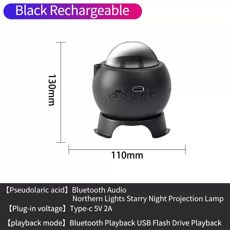 Black MODI lamp dimensions: 130mm height and 110mm width – Type-C USB input and playback controls.