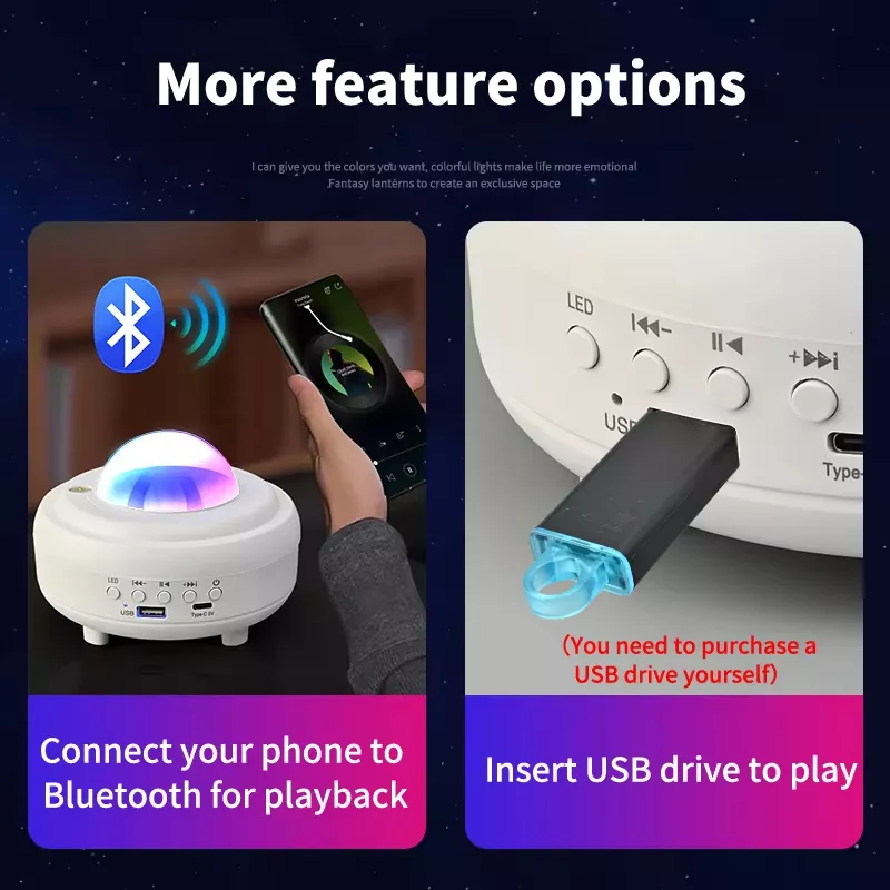 Moon lamp showing Bluetooth phone connection and USB drive port for dual playback functionality