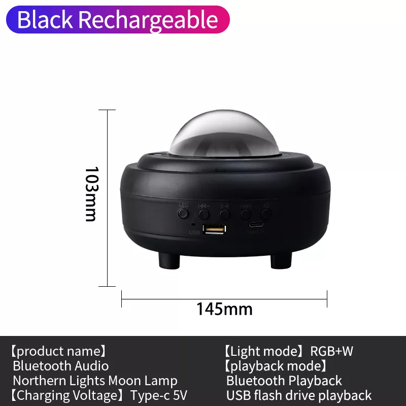 Black rechargeable Northern Lights Moon Lamp with dimensions 145mm x 103mm and button controls for LED, playback, and USB input