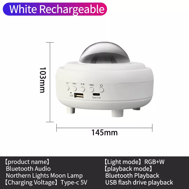 White rechargeable Northern Lights projector lamp with detailed measurements and labeled features – USB and Bluetooth support