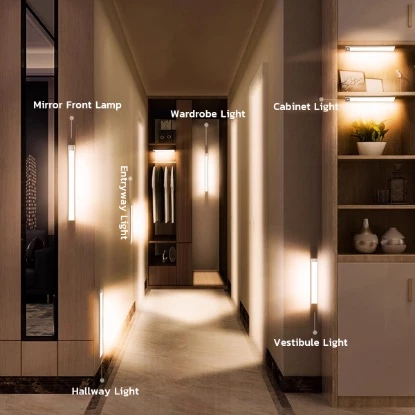 Hallway lit with multiple motion-activated LED bars in wardrobe, entryway, etc.
