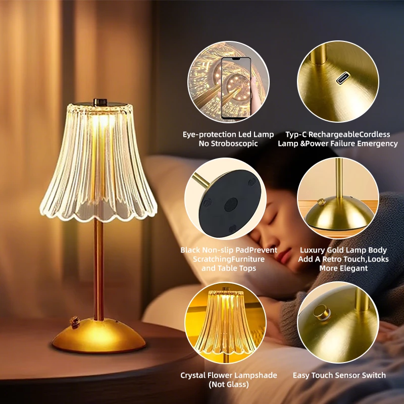 Picture of Crystal Diamond Table Lamp – Rechargeable Touch Dimming LED Lamp (Gold)