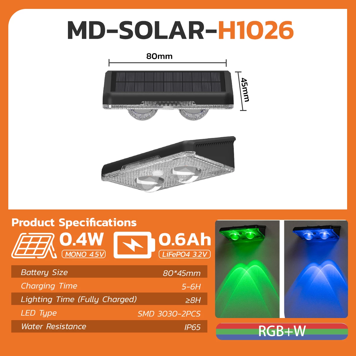 MODI MD-SOLAR-H1026 solar wall light RGB version specifications
