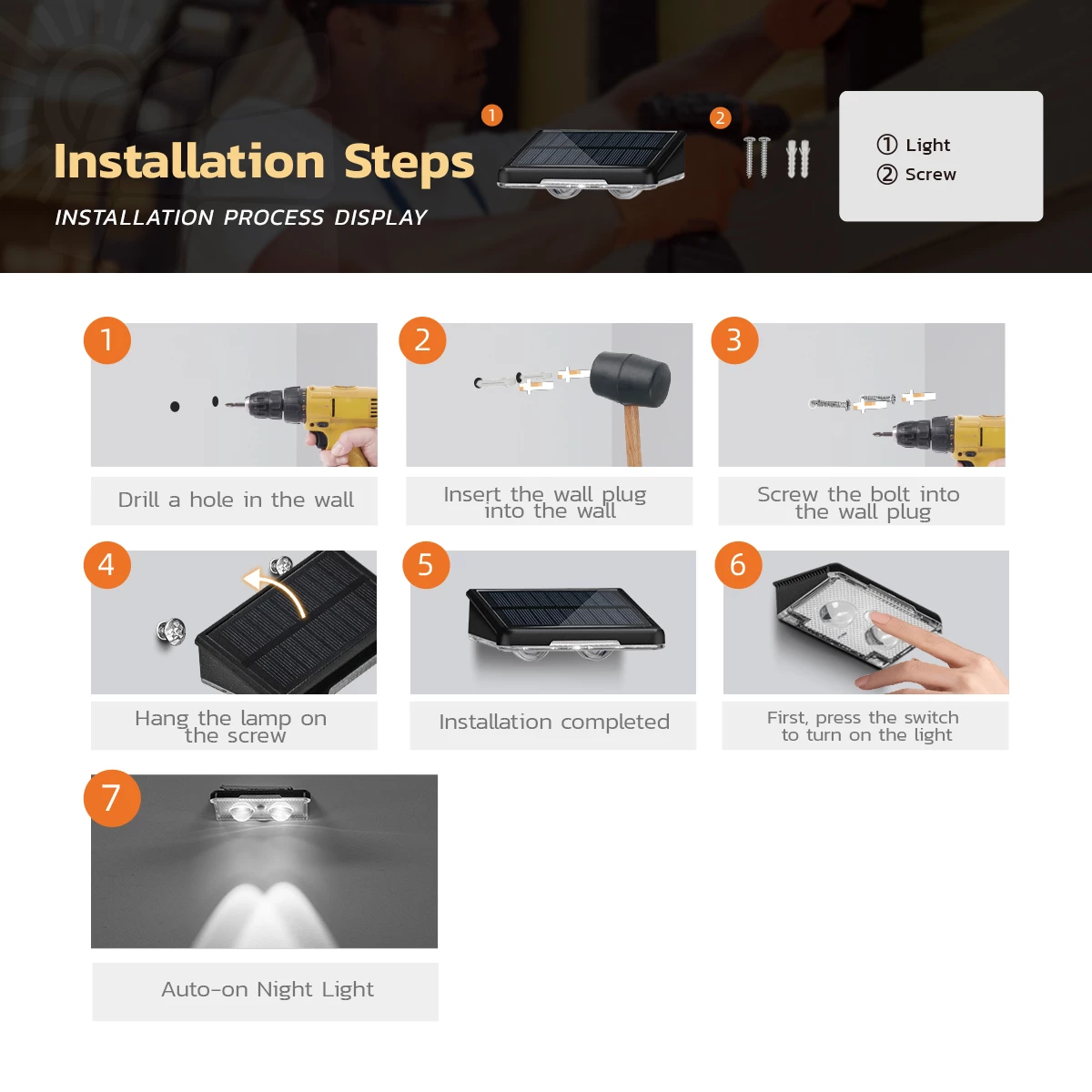 Step by step installation process solar wall light