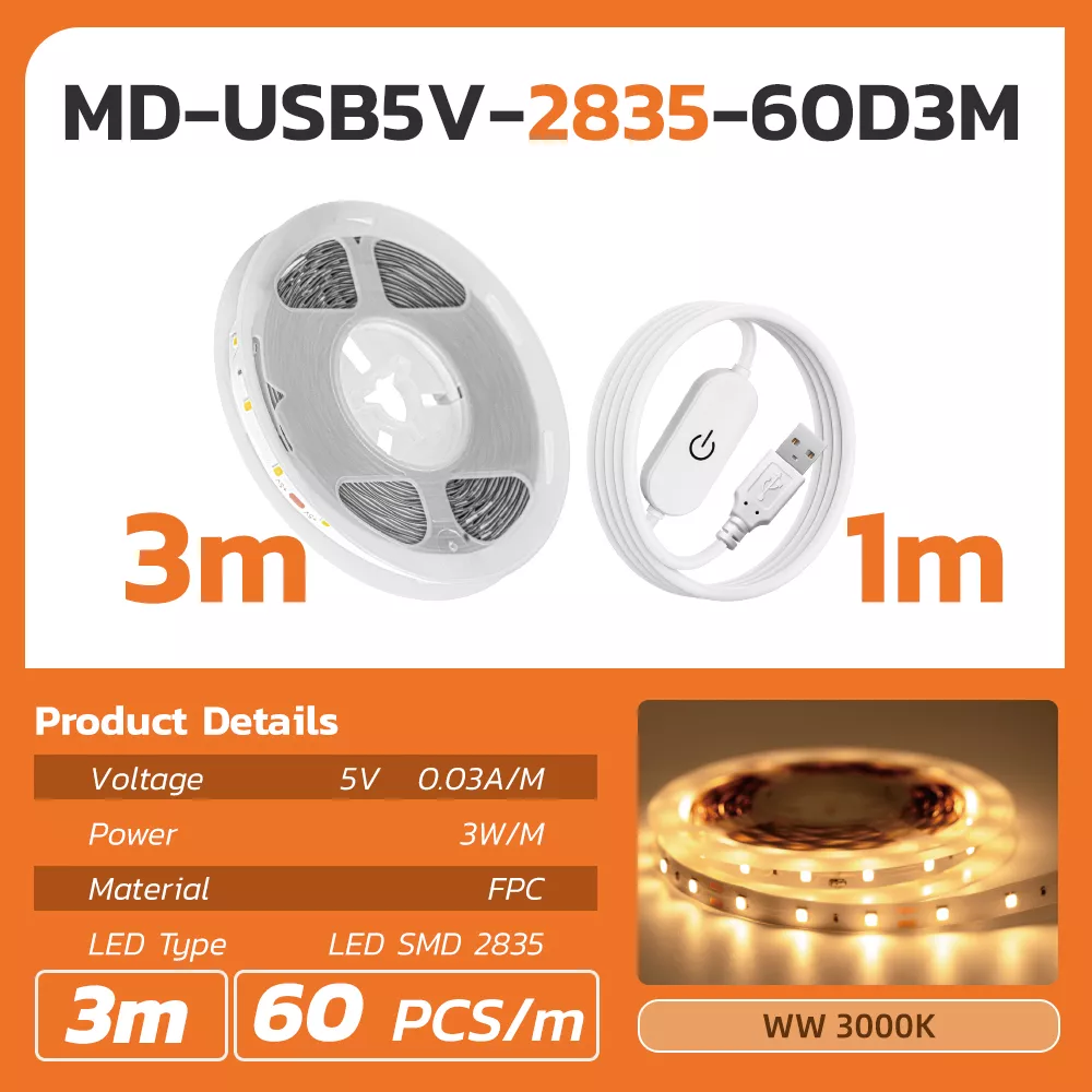 Picture of USB LED Strip Light 3M + 1M Extension – 3000K Warm White / RGB Remote Control