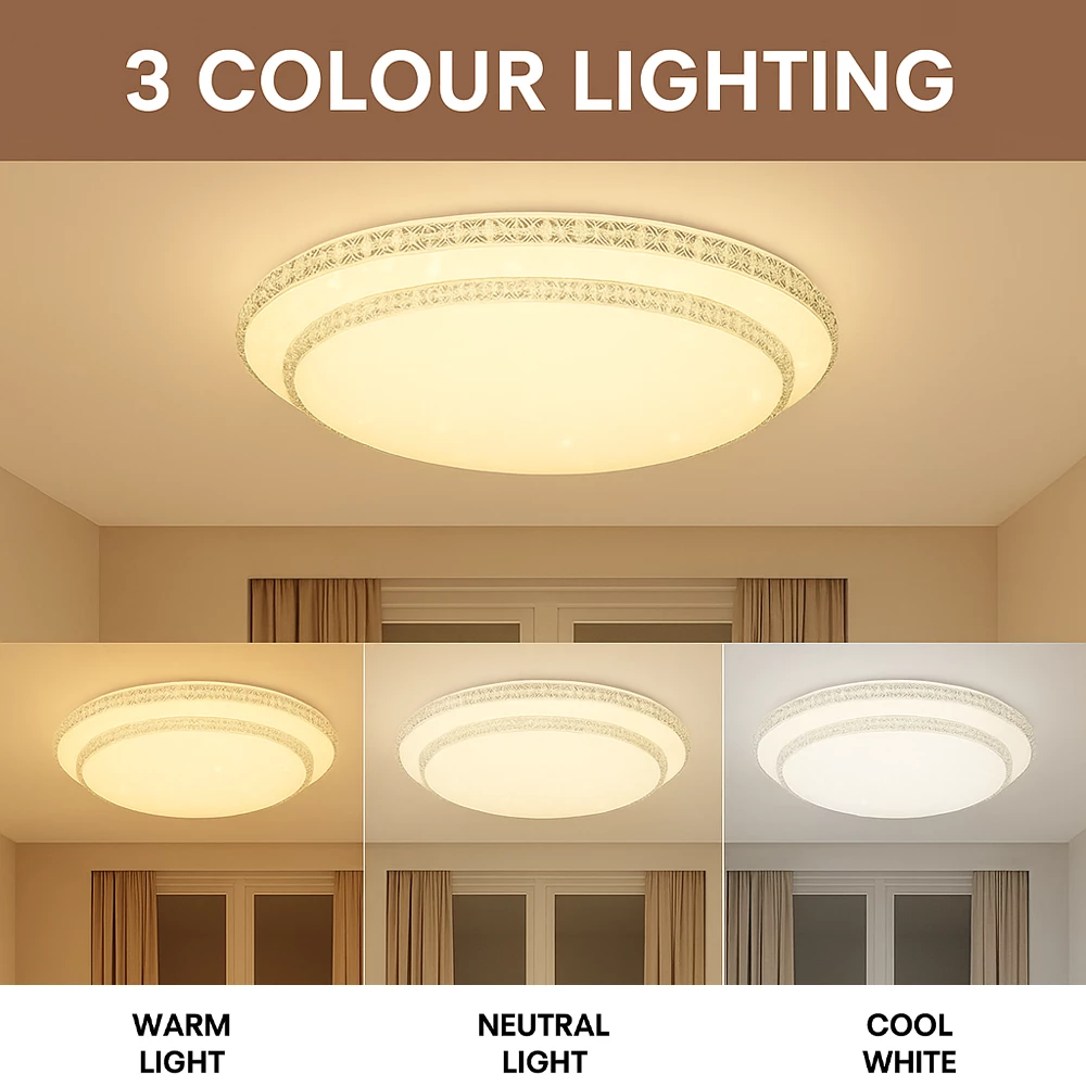 LED ceiling light with warm, neutral, and cool white lighting modes in a stylish room.