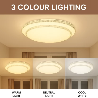 LED ceiling light with warm, neutral, and cool white lighting modes in a stylish room.