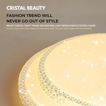 Close-up of crystal-edge LED light showing sparkling starry sky and luxury texture.