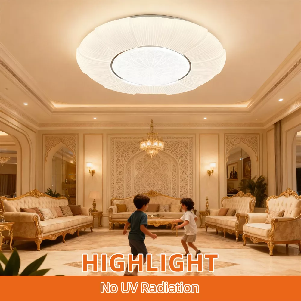 LED ceiling light providing soft ambient glow in a grand living area