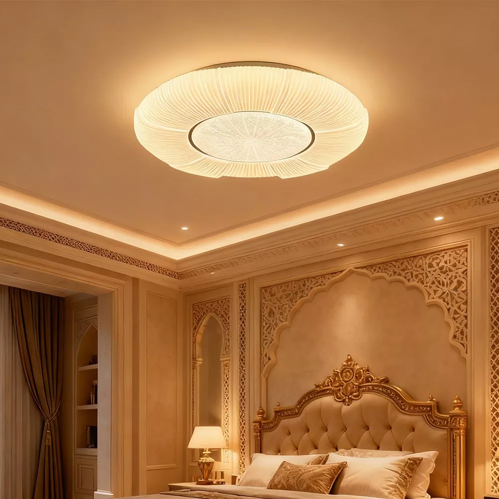 Decorative ceiling light emitting warm tone in a stylish bedroom
