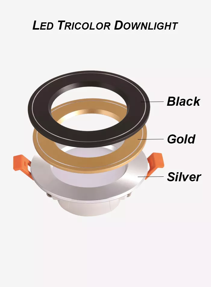 LED tricolor downlight specifications showing size beam angle and technical details