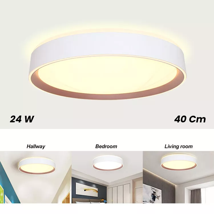Product image highlighting 24W and 40cm specs, suitable rooms shown below
