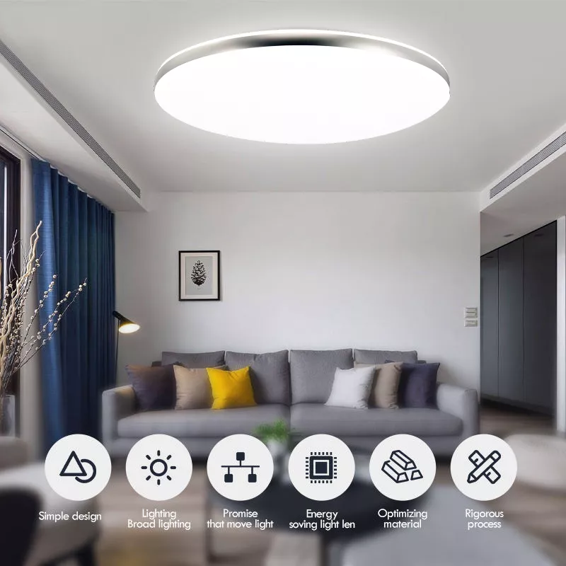 White minimalist LED ceiling light in modern living space with icons showing features