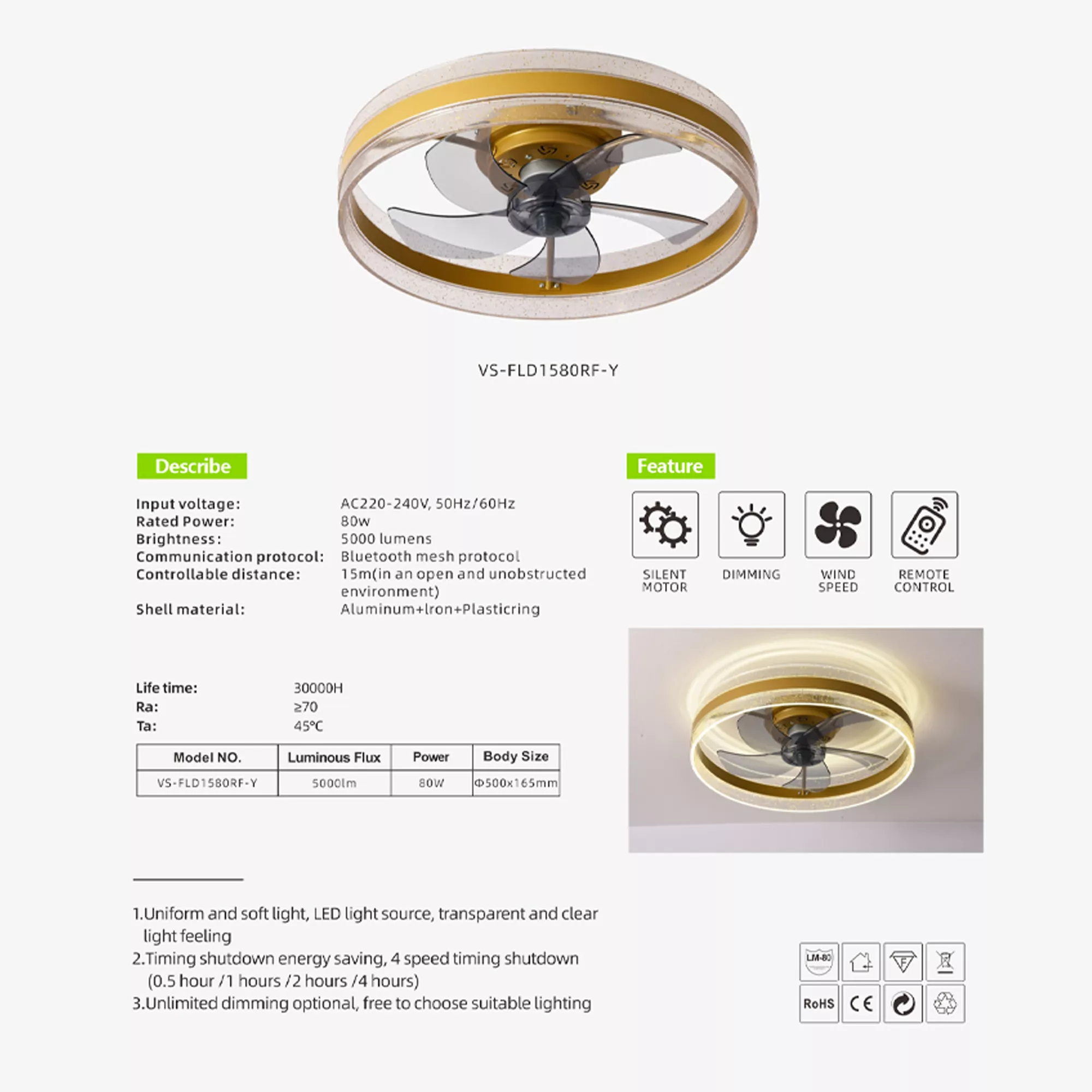 Product specifications and image of VS-FLD1580RF-Y crystal LED ceiling fan with size, wattage, and features