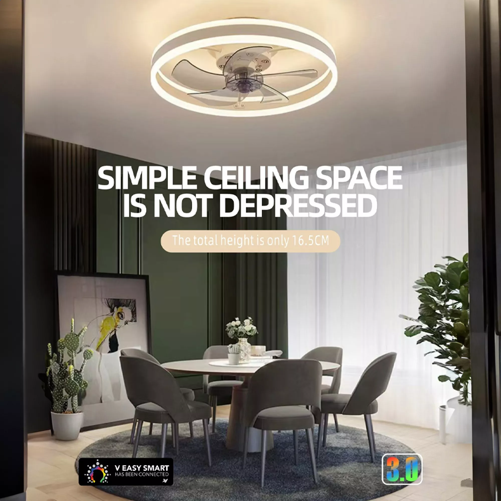 LED ceiling fan light with gold and acrylic finish installed in a stylish modern dining room