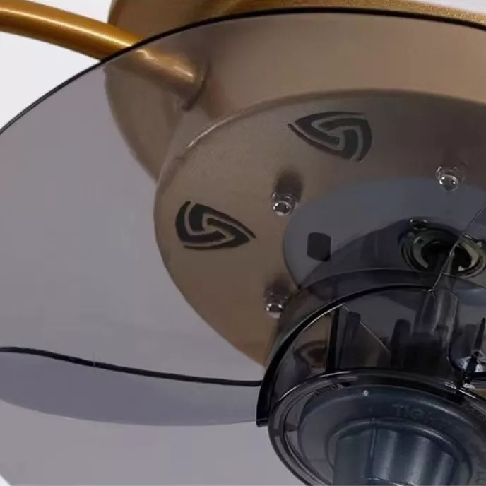 Close-ups of metal sucker, acrylic lamp shade, and ABS fan blades of the ceiling fan