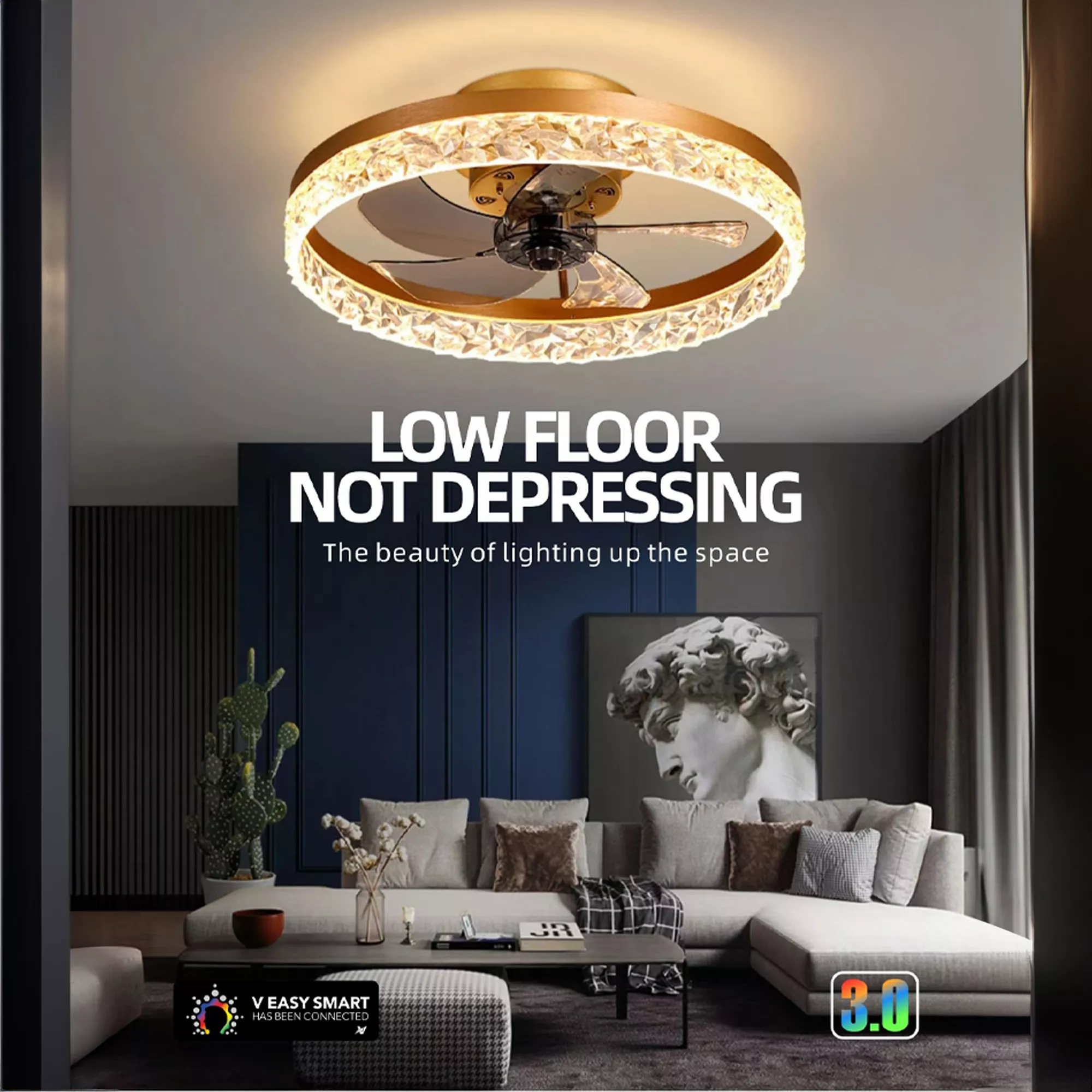 Crystal LED ceiling fan light in modern living room with low ceiling design