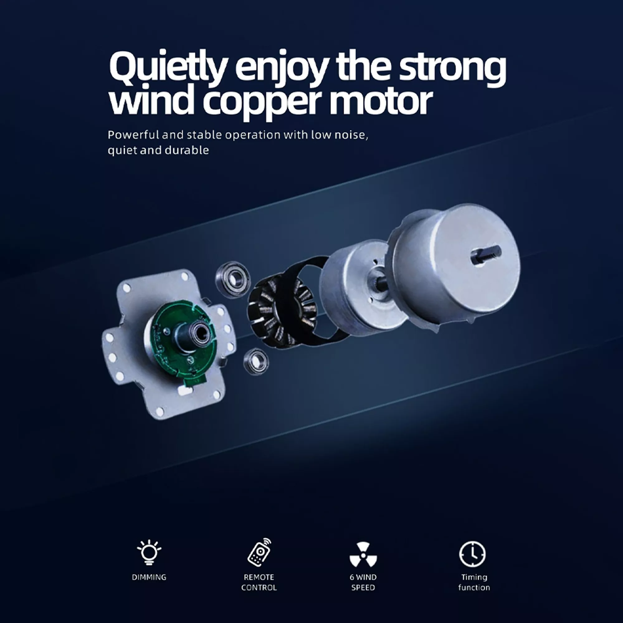 Exploded view of copper motor components used in quiet ceiling fan