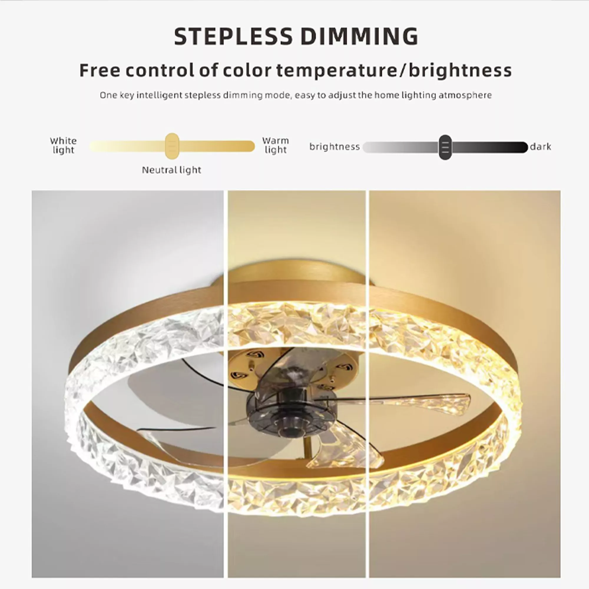 Stepless dimming feature showing three LED color modes
