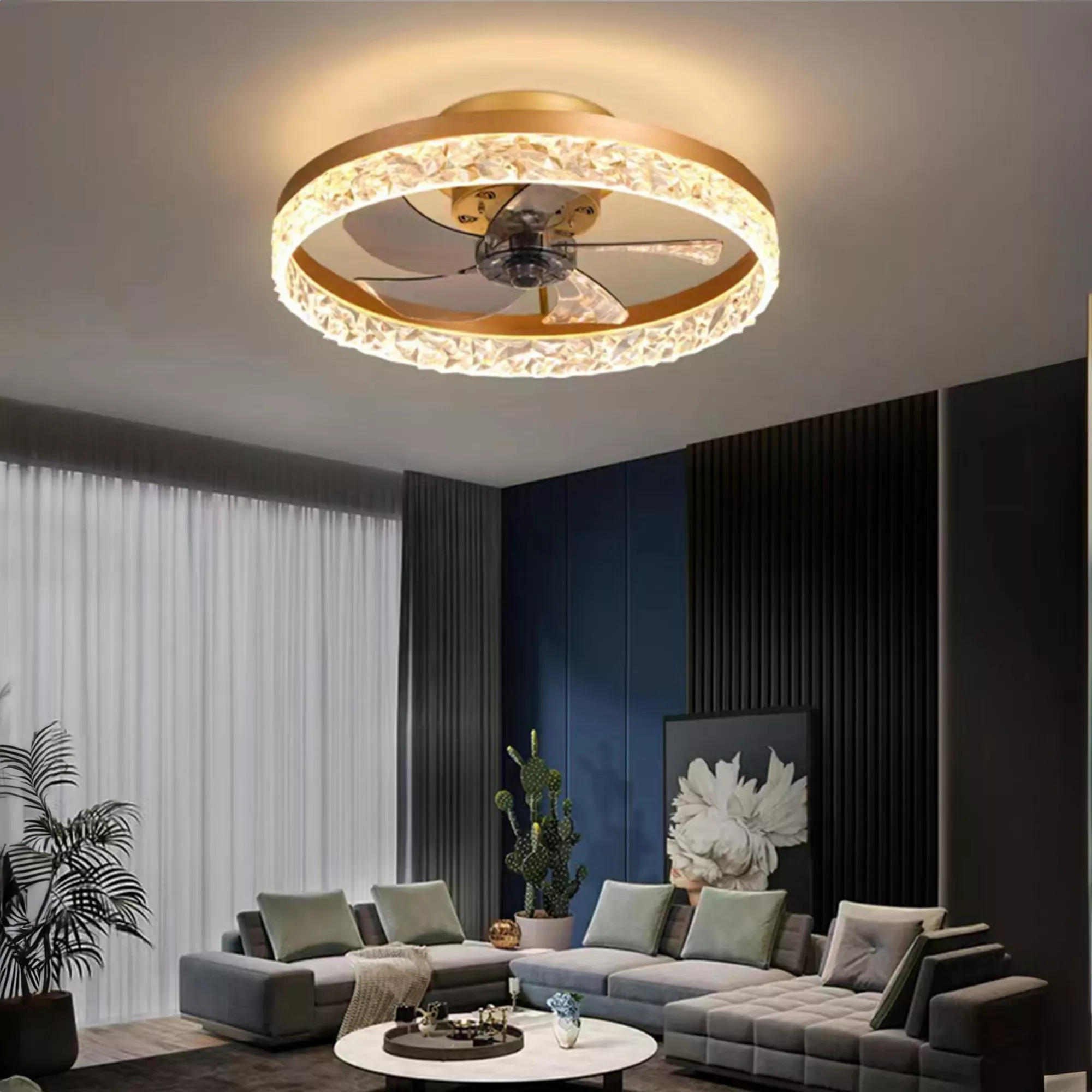 Modern living room featuring crystal LED ceiling fan light