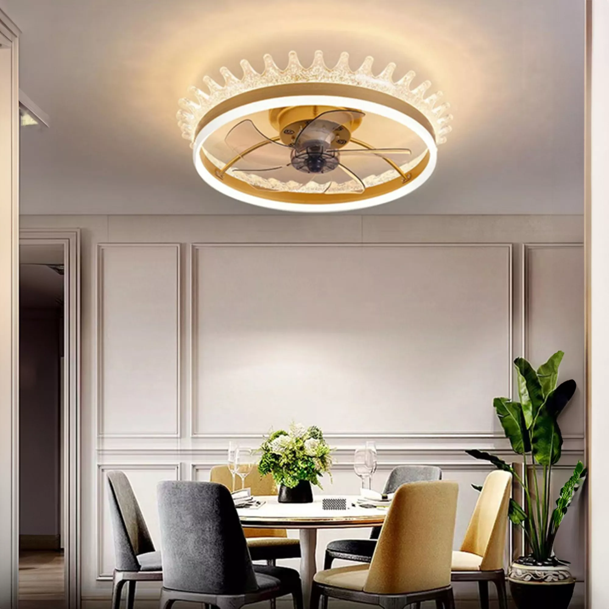 Crystal LED ceiling fan light installed in dining and bedroom spaces