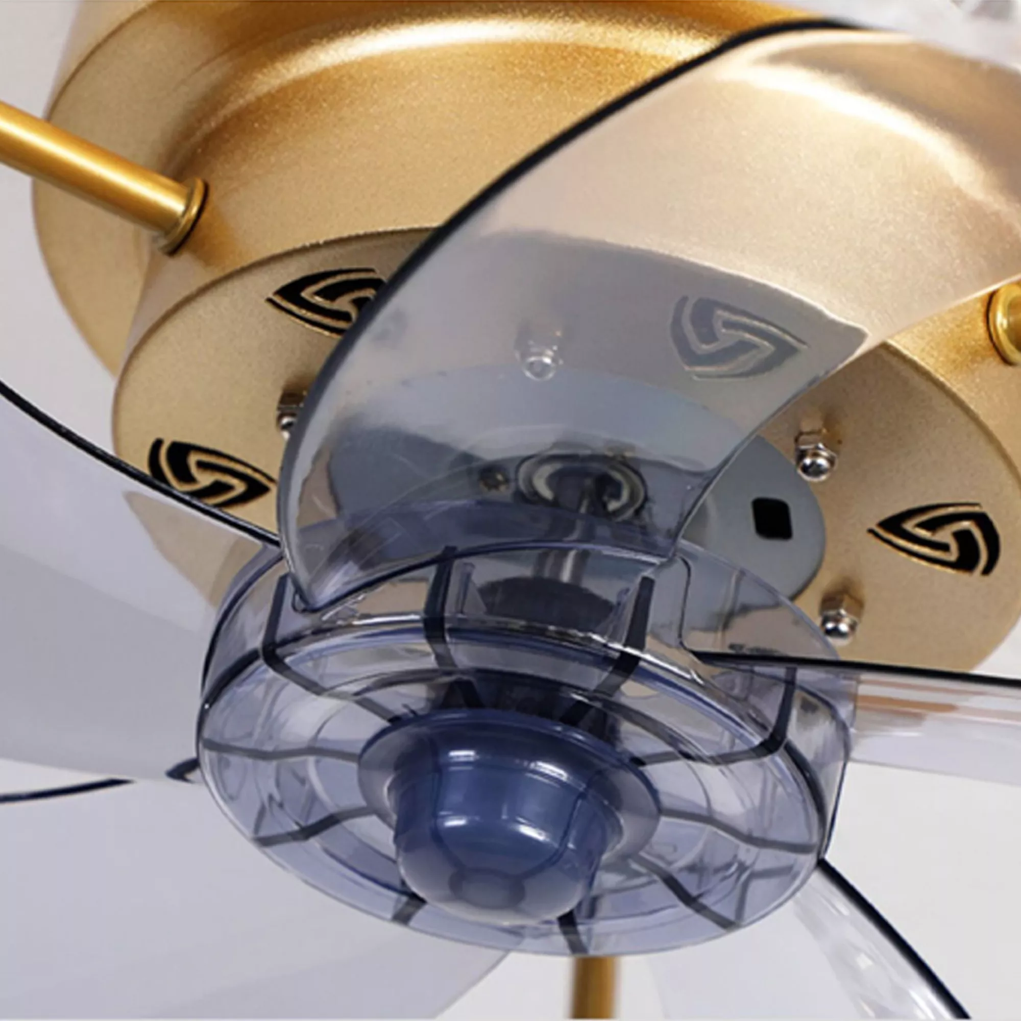 Close-up of transparent retractable fan blades and motor housing