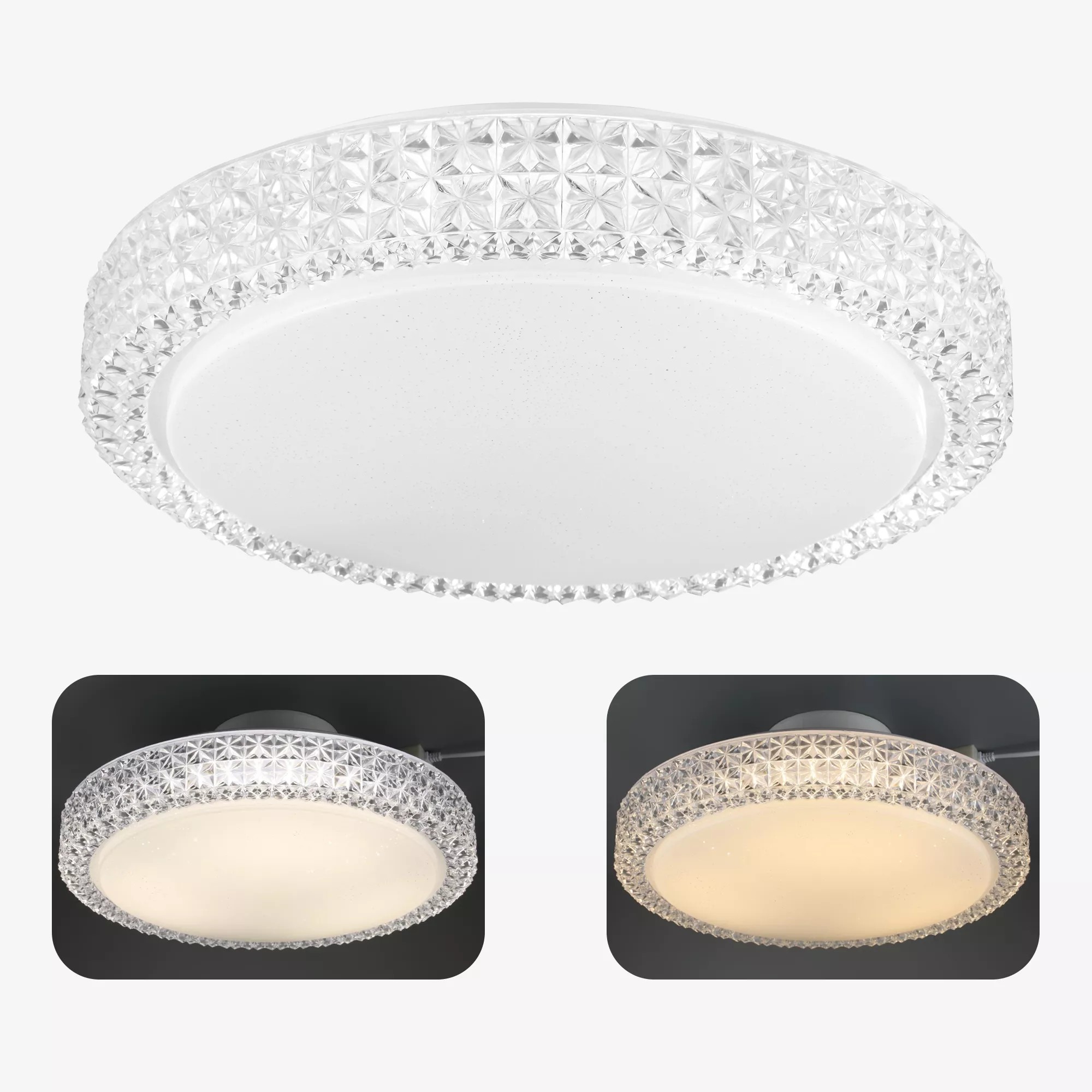 Crystal round LED ceiling light with a clear acrylic geometric edge – flush mount design