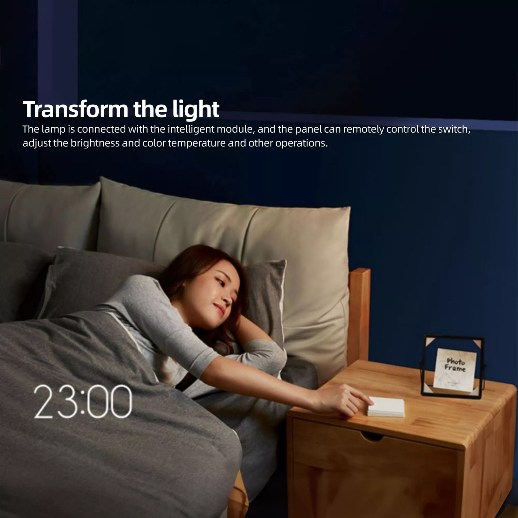 Woman using remote to control brightness and temperature of bedroom LED ceiling light