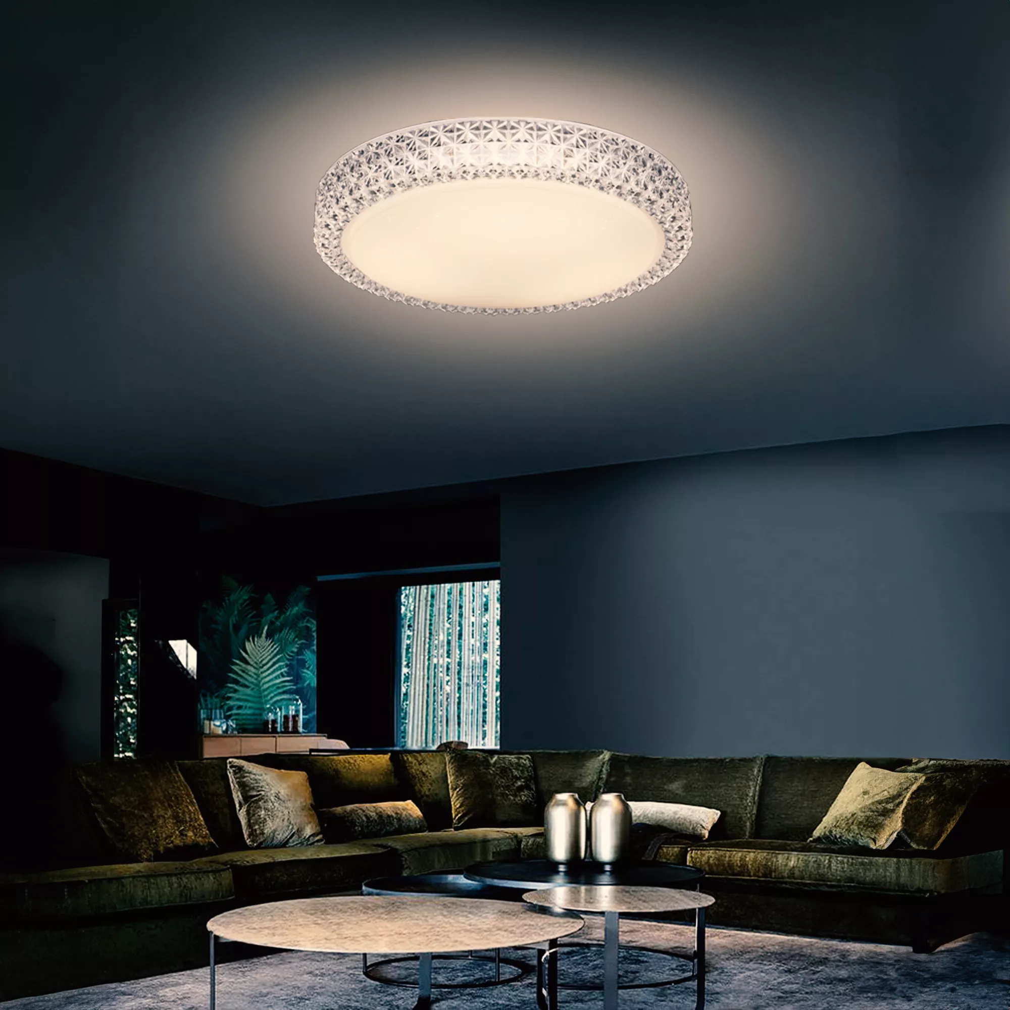 Simple and bright platinum-style LED ceiling lamp with soft diffused light in a living room setting