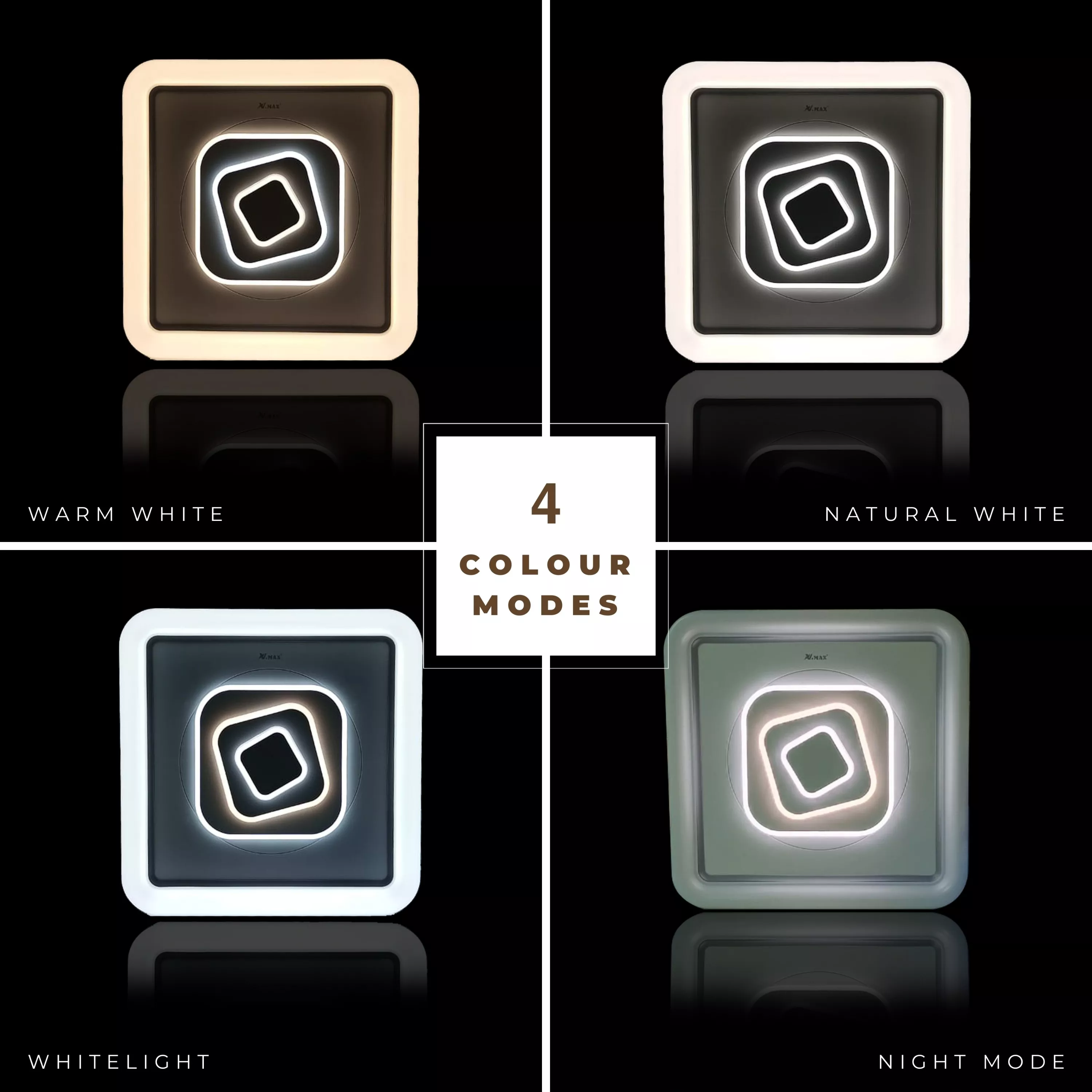 Modern square LED ceiling fixture with concentric square design shown in 4 different light settings