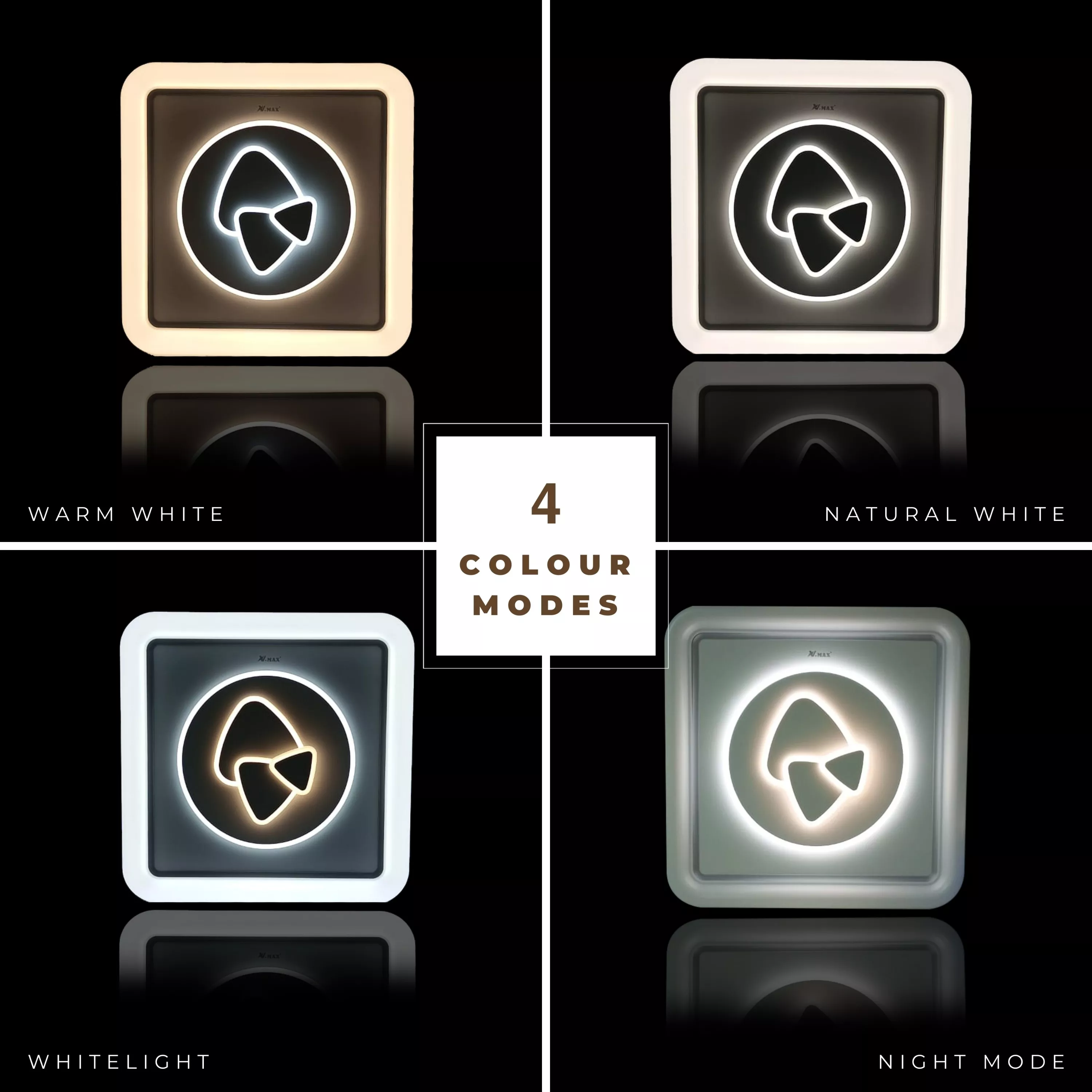 LED ceiling light showing 4 color modes: warm white, natural white, white light, and night mode with fan blade design