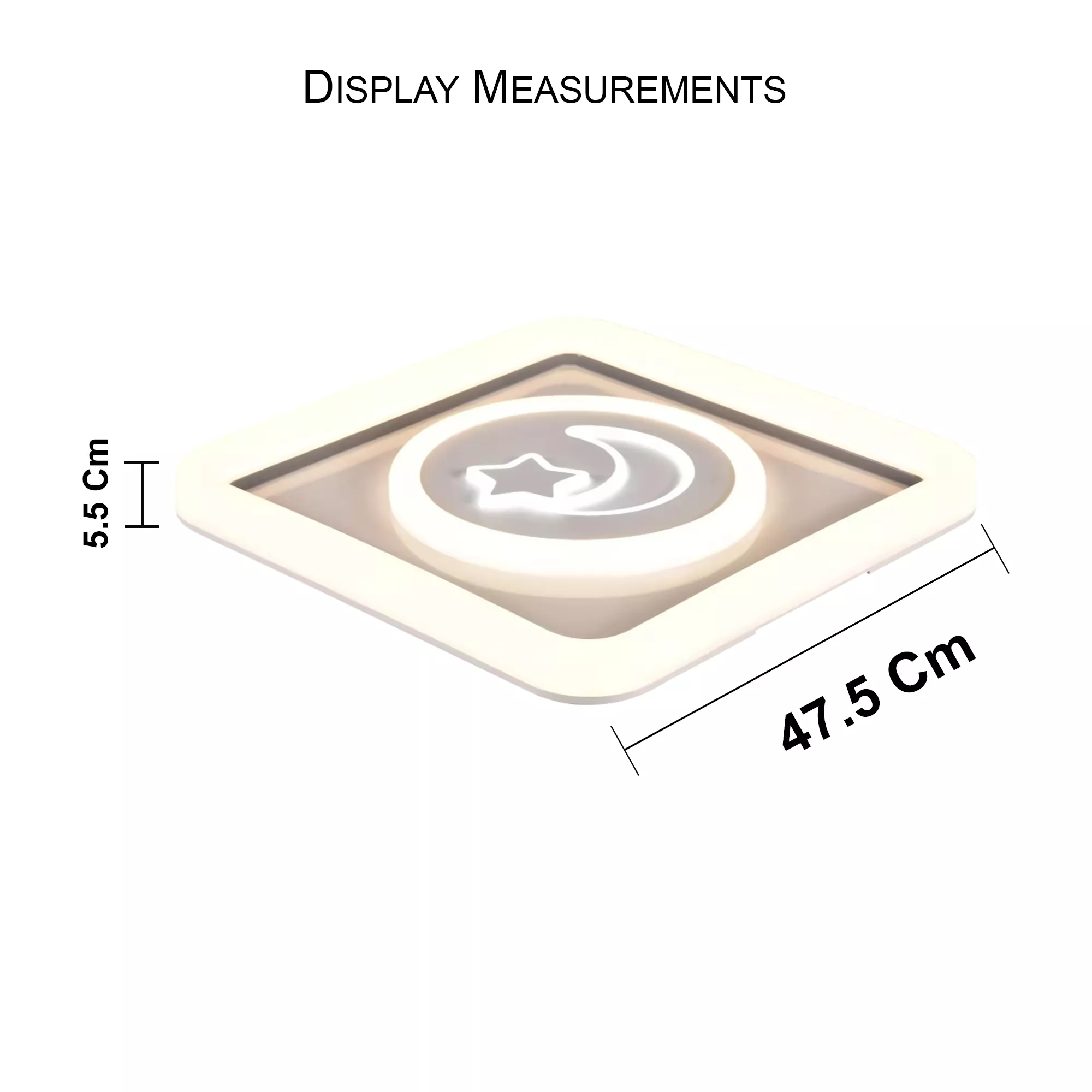 Display dimensions of moon/star LED ceiling light – 47.5 cm width, 5.5 cm height