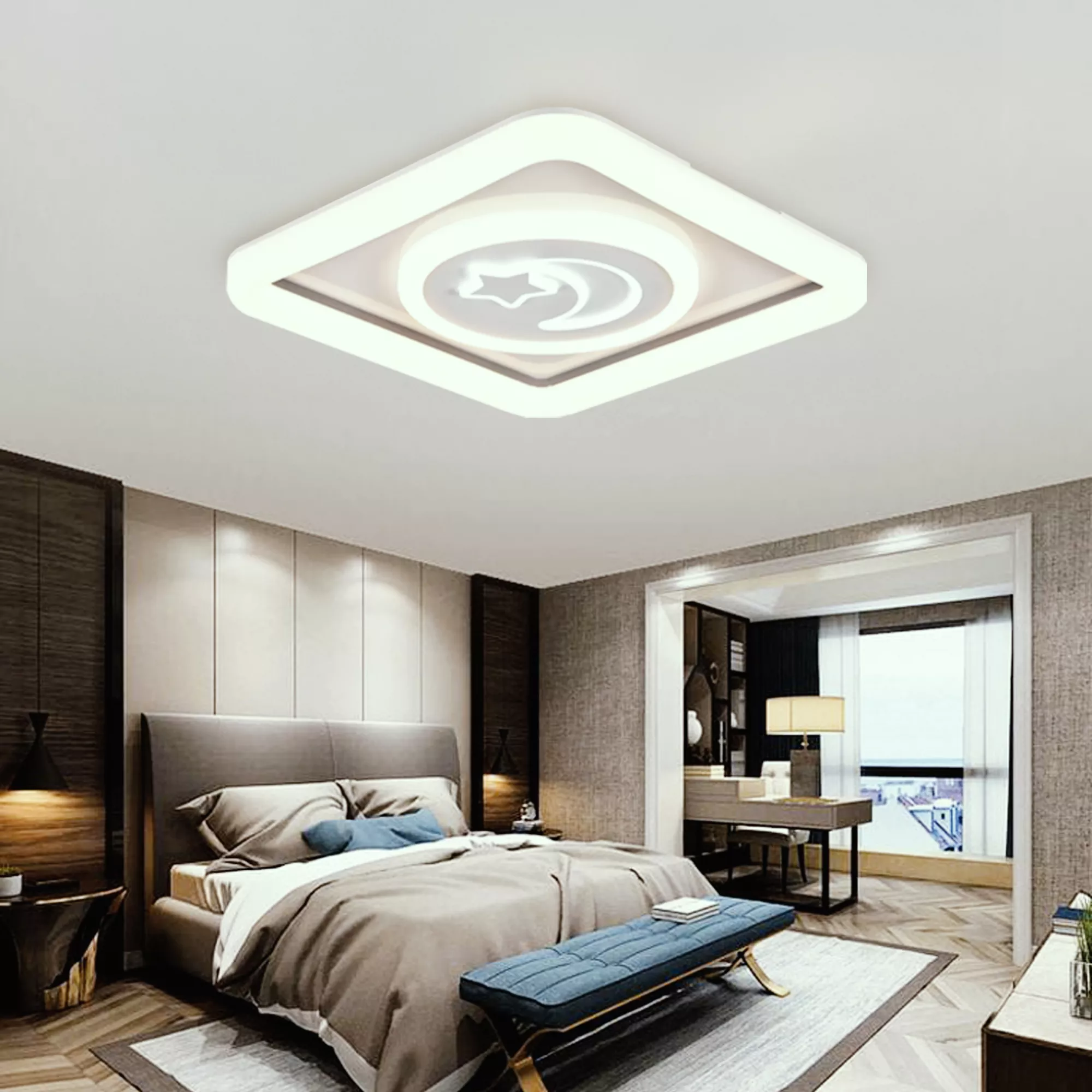 Square smart LED ceiling light in night mode with moon and star design, installed in modern living room