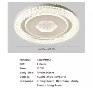 Close-up of a 490mm crystal LED ceiling light with 100W output and material details including Iron and PMMA.