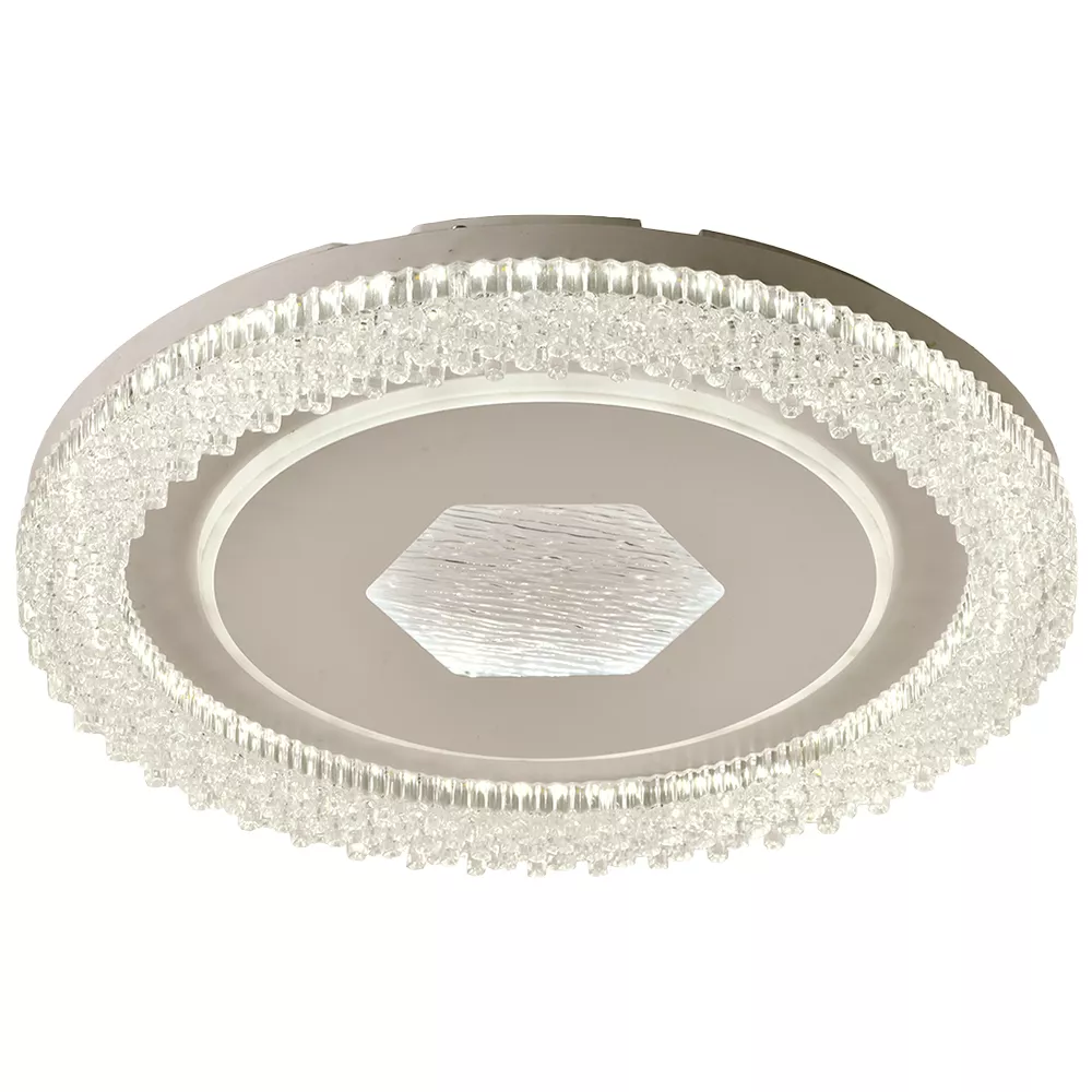 Zoomed-in view showing high-transparency PMMA cover and corrosion-resistant iron structure of the ceiling light.